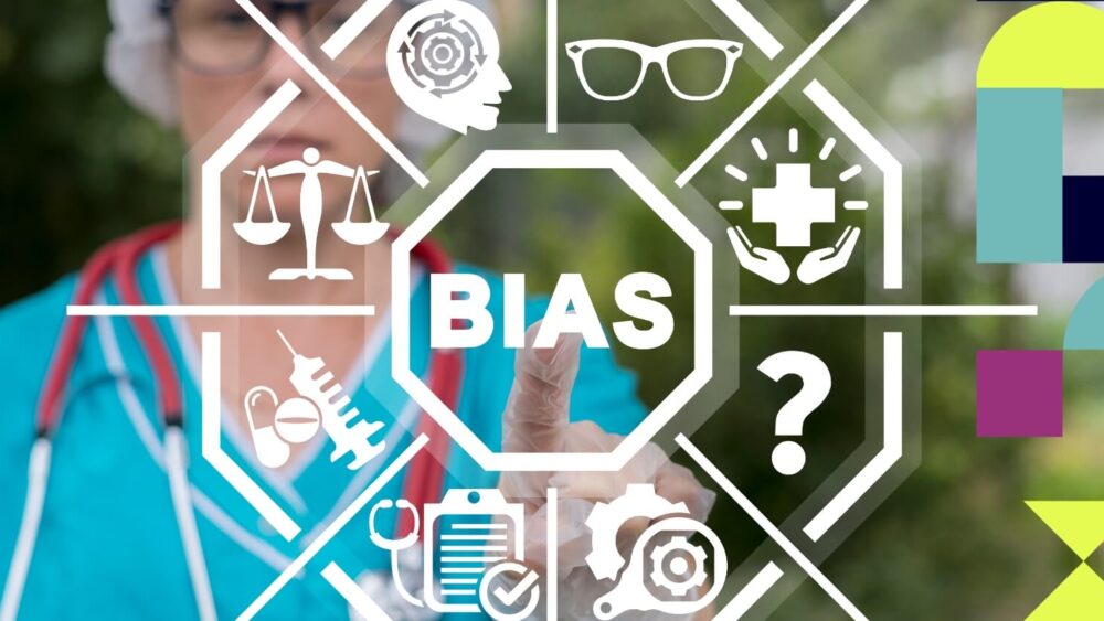 White octagon with the word BIAS in the center, divided into 8 sections containing icons: glasses, glowing cross in hands, question mark, gear, medical form with a stethoscope, syringe with a pill, scales, and a human head with a rotating gear inside. In the background, a blurred image of a medical professional wearing glasses and a stethoscope is visible.