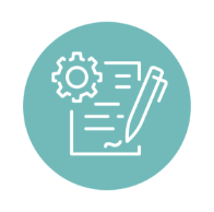 Green round icon with a piece of paper, a pen writing on it, and a gear in the top left corner.